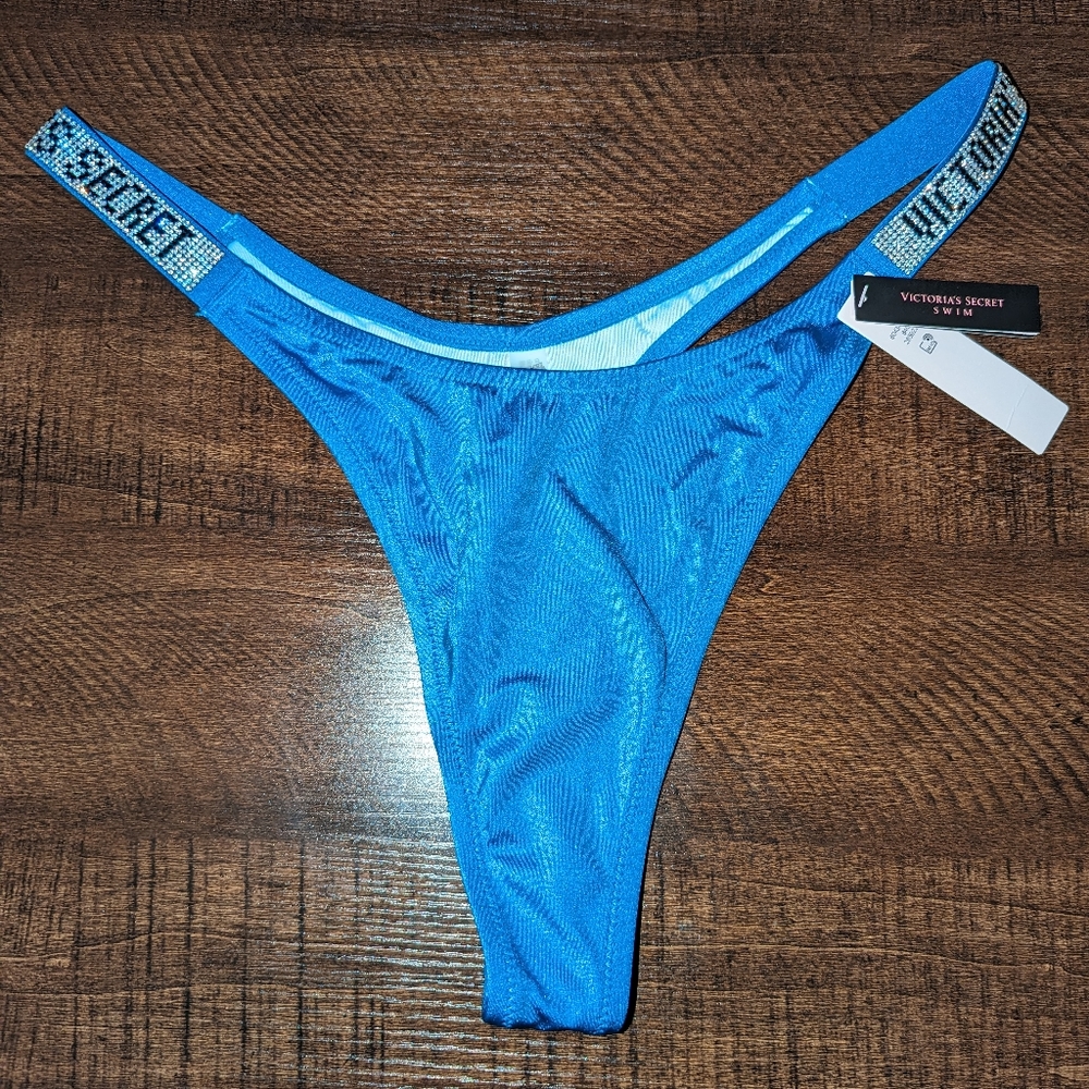 Victoria's Secret swim shine strap bikini thong bottom. Shoreline Blue. Size L